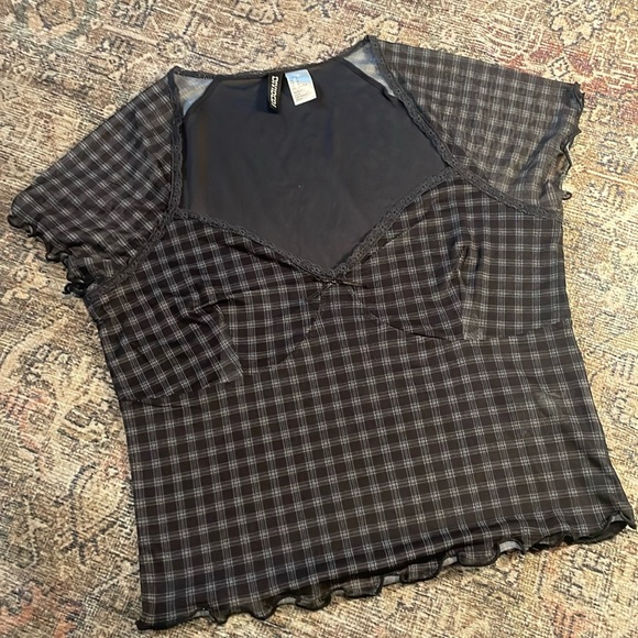 H&M Tops - Plaid Checkered Mesh Lace Bow Shirt Size Medium